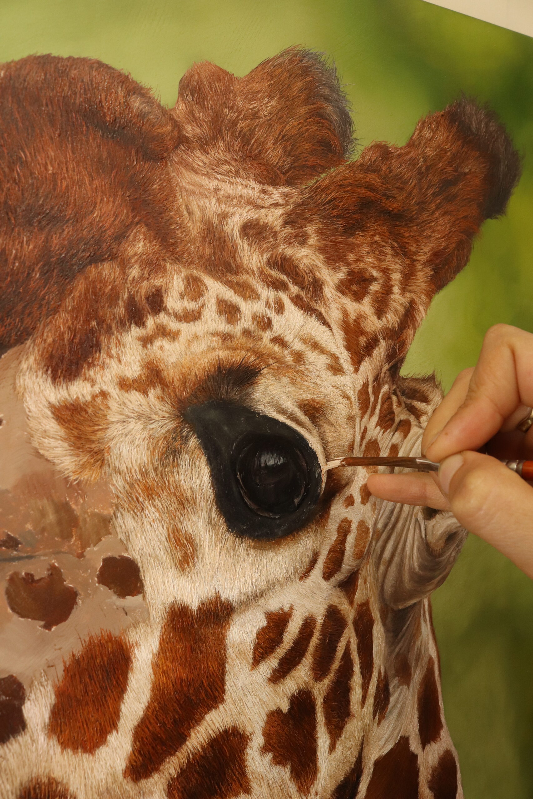 The artist painting the Giraffe's eye
