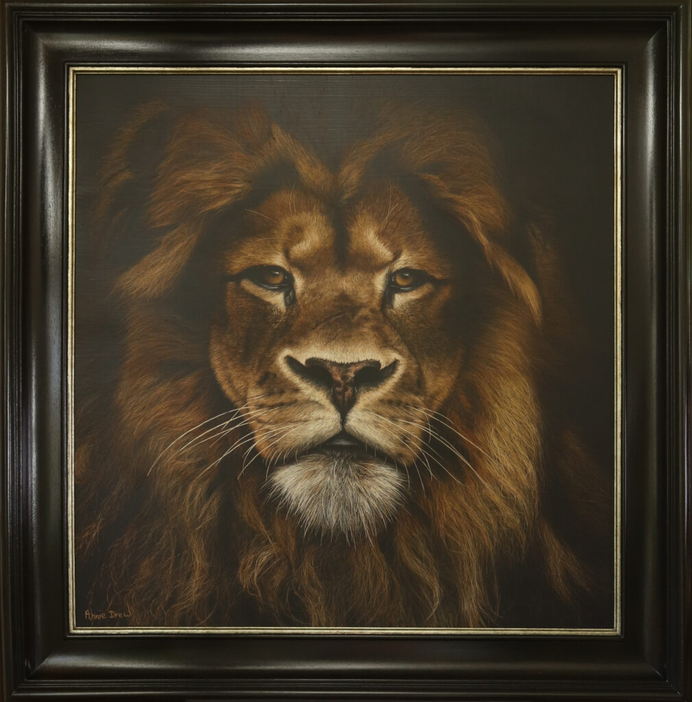 The finished lion painting, in it's frame